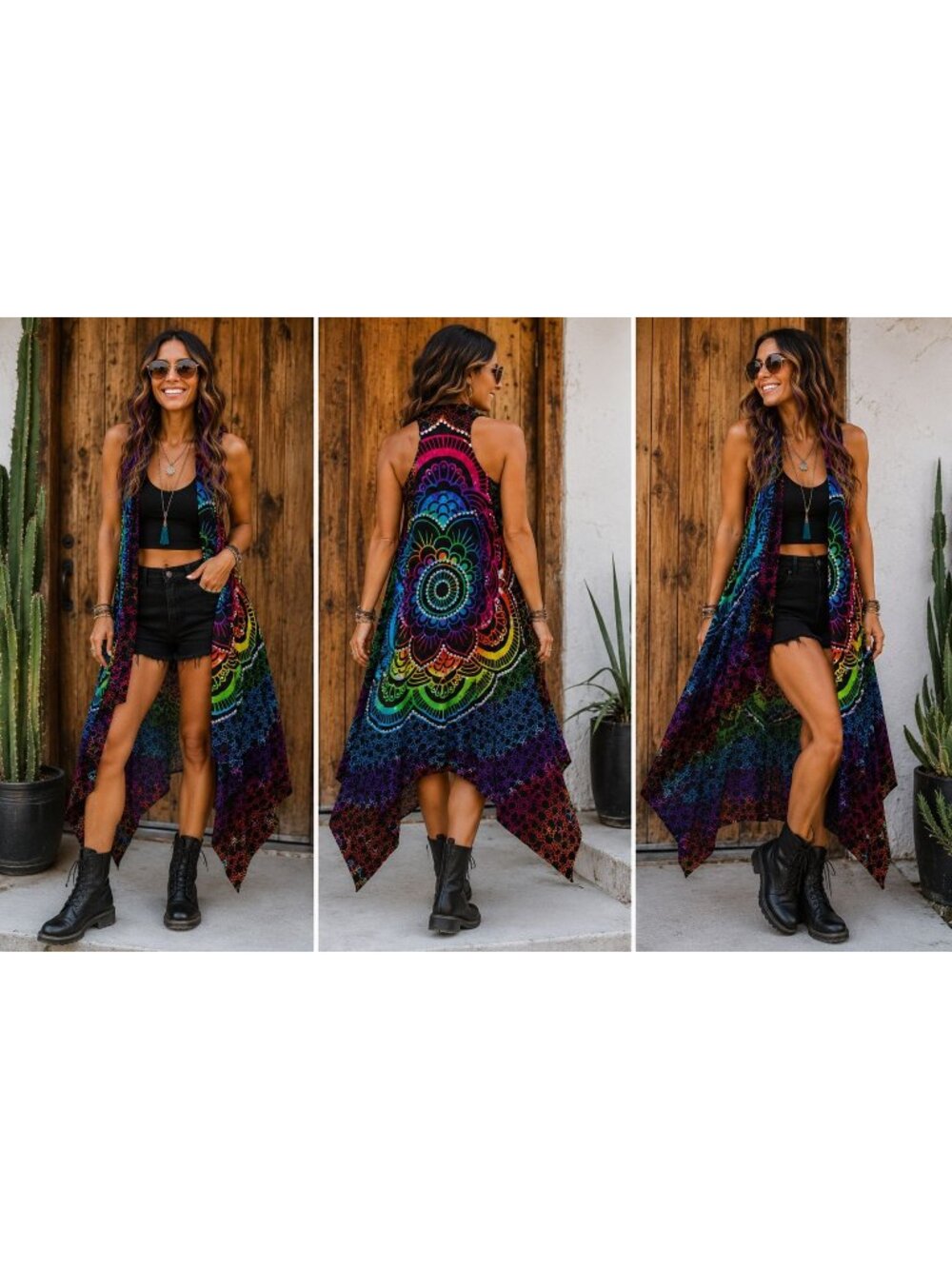 Rainbow Mandala Sequin Duster Vest Boho Festival Pride Open Front Racerback - Picture 4 of 4